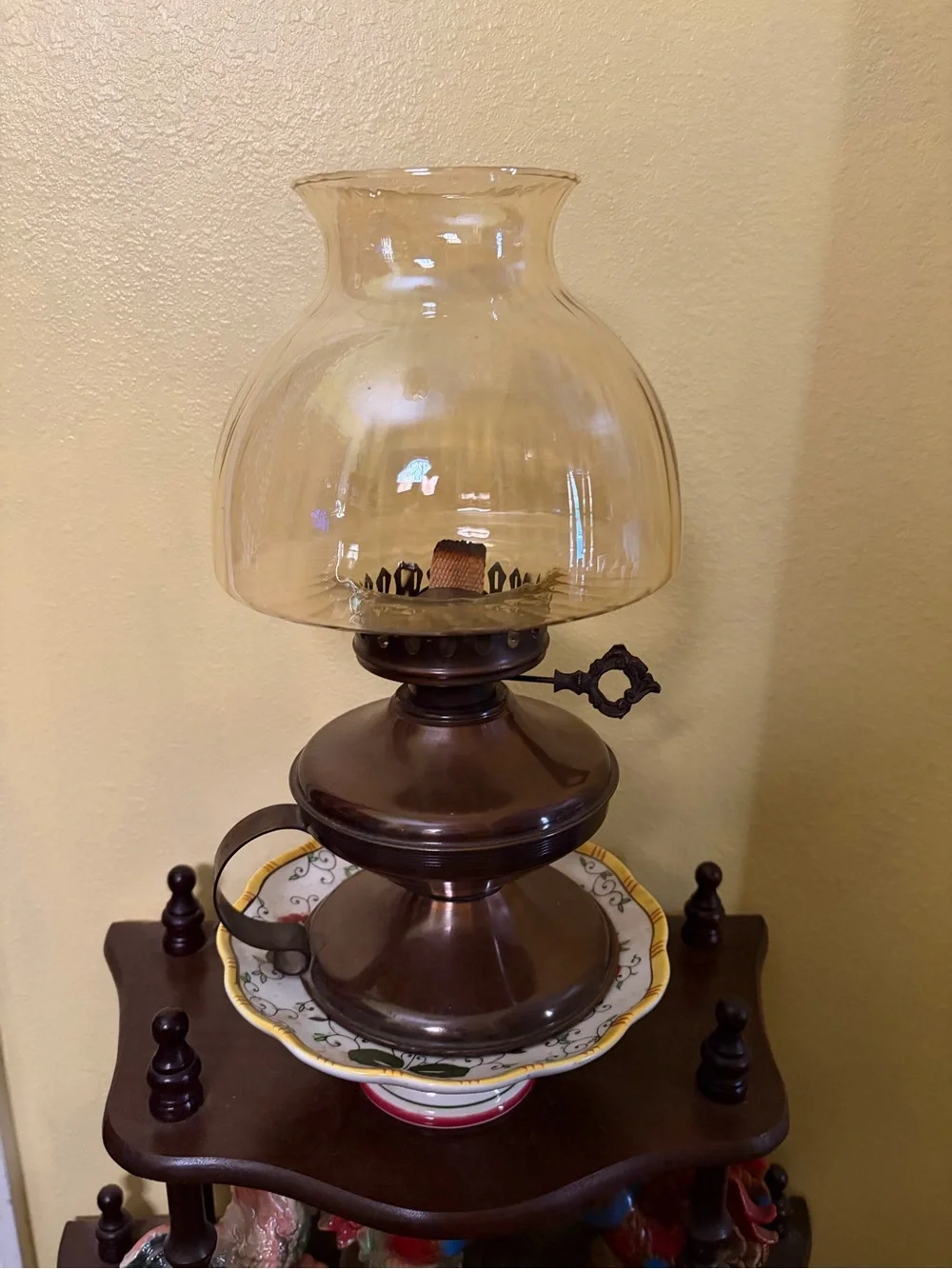 Antique-Style Copper Oil Lamp with Amber Mushroom Glass Shade - Brown and Clear